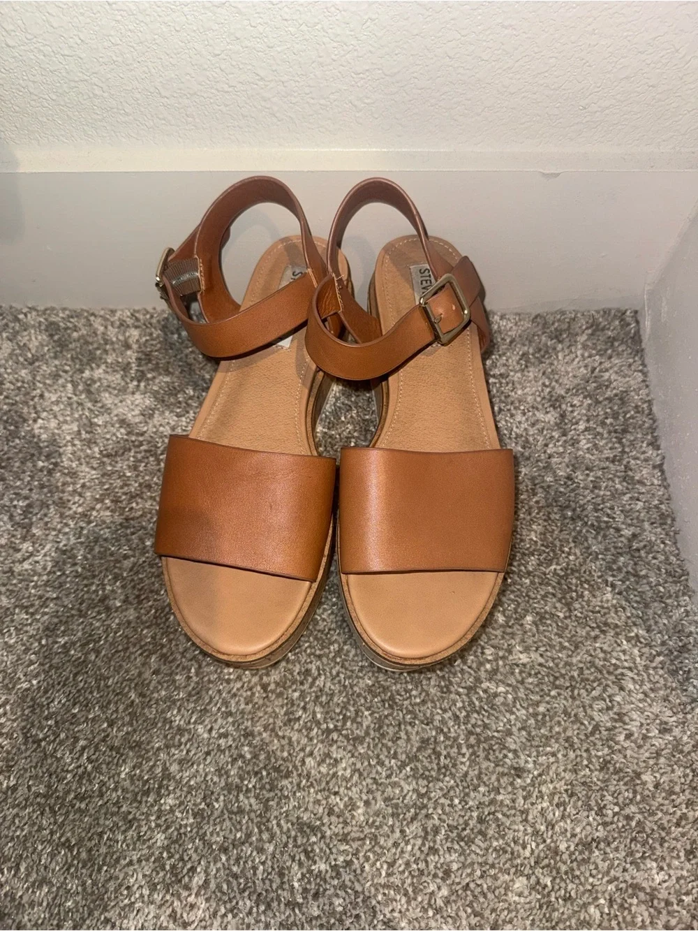 Steve Madden Brown Leather Wide Strap Ankle Buckle Sandals